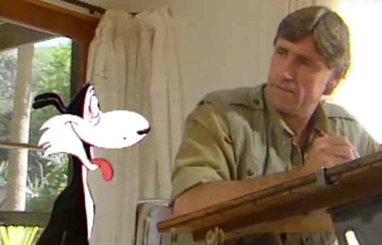 Murray Ball and The Dog, in a documentary about the making of 1986 Footrot Flats film The Dog's Tale.