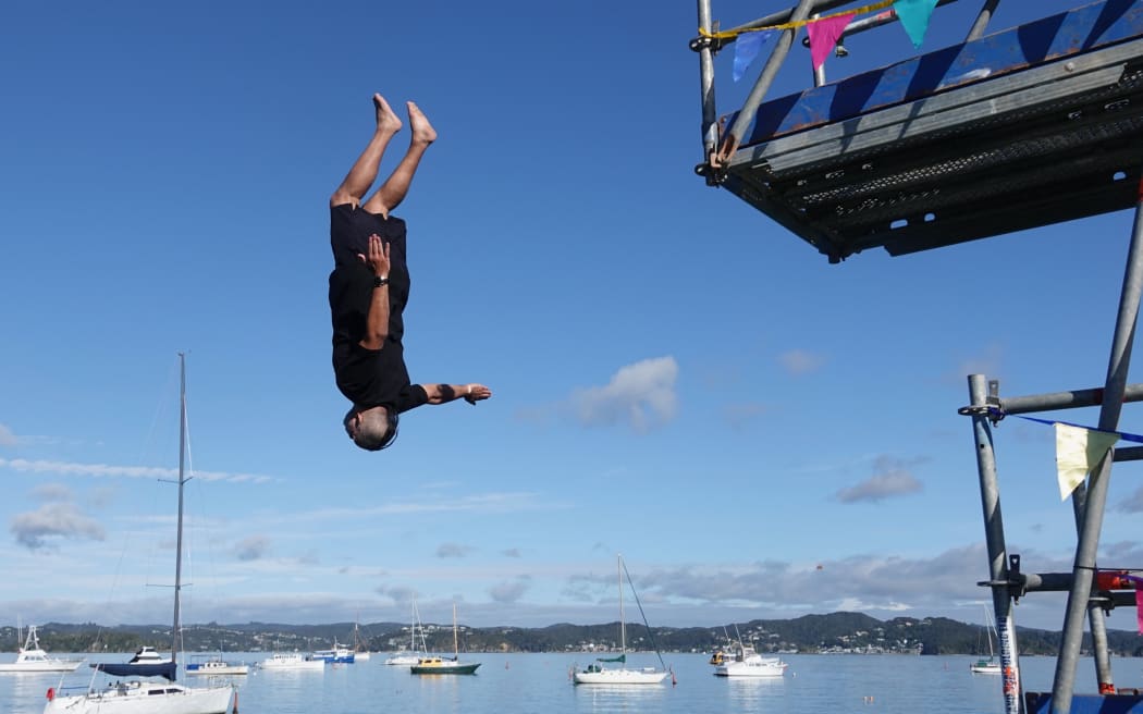 Manu Masters: Ardie Davis of Kerikeri launches himself from the manu platform.