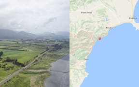 The view up the coast over Kaikoura, left, and a map showing Goose Bay
