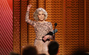 LOS ANGELES, CALIFORNIA - FEBRUARY 23: Honoree Jane Fonda accepts the SAG Life Achievement Award onstage during the 31st Annual Screen Actors Guild Awards at Shrine Auditorium and Expo Hall on February 23, 2025 in Los Angeles, California.   Matt Winkelmeyer/Getty Images/AFP (Photo by Matt Winkelmeyer / GETTY IMAGES NORTH AMERICA / Getty Images via AFP)