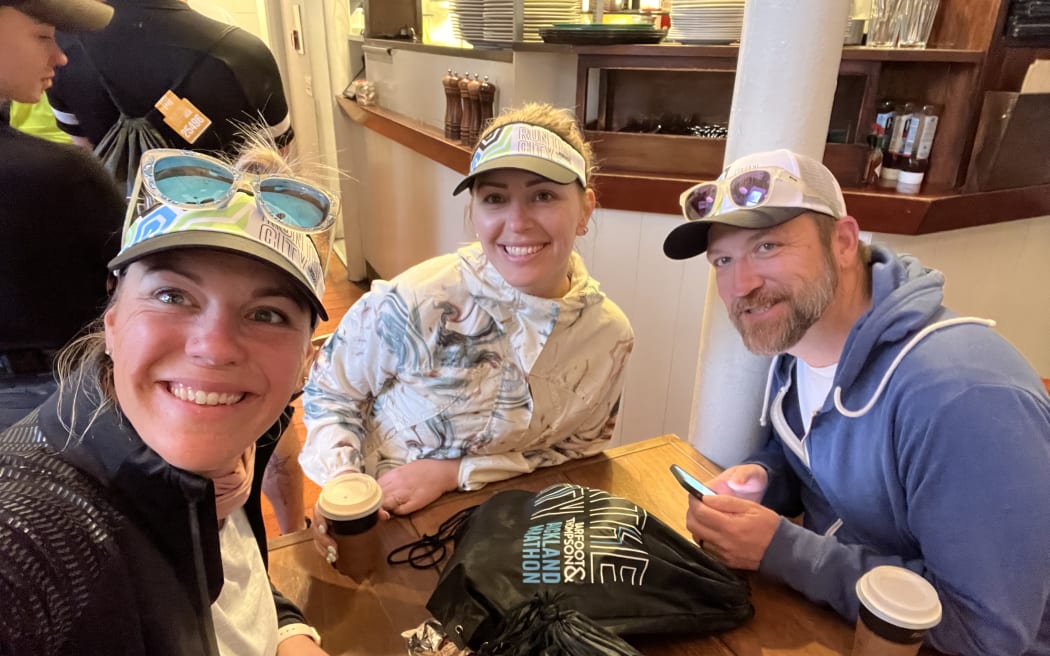 Siblings and Springbok fans Rhonwyn, Kristen and Jared get ready for the Auckland half marathon on 29 October, 2023, as New Zealand and South Africa prepare to face-off in the final of the Rugby World Cup.
