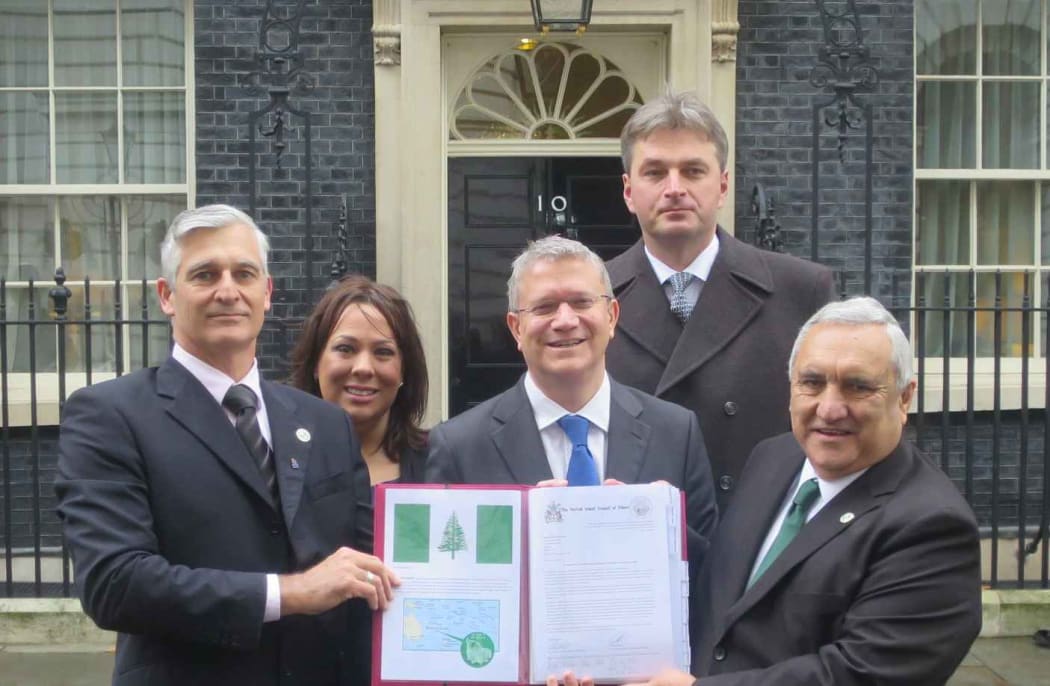 British  MPs, Andrew Rosindell, Paula Sherriff and Daniel Kawczynski,, flanked by Norfolk's Andre Nobbs (on the left) and Council of Elders chair, Albert Buffett.
