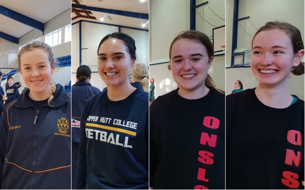 Upper Hutt College netball players Grace Allan, Ariana Tata, and Onslow College players Ella Taylor, Emma Brown.