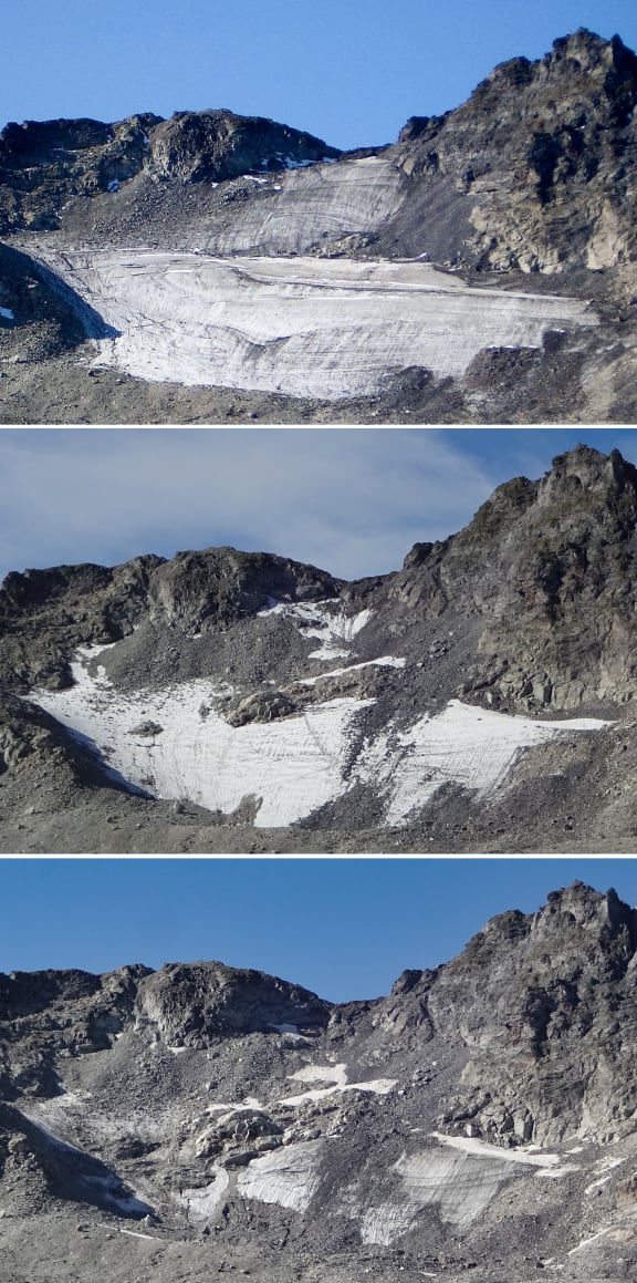 From top: Summer 2006, August 14, 2017 and September 4, 2019 provided by glaciologist Matthias Huss shows the Pizol glacier in the Swiss Alps.