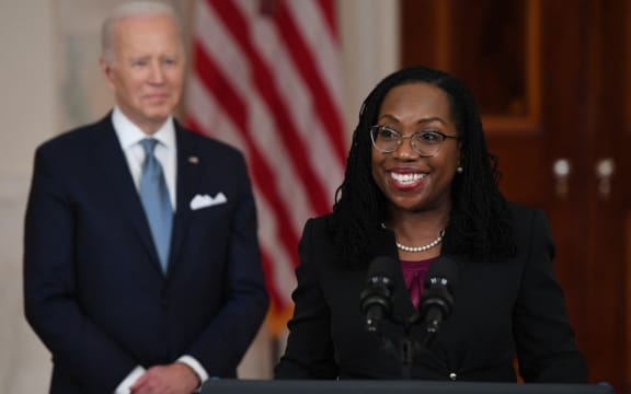 Judge Ketanji Brown Jackson, with President Joe Biden, speaks after she was nominated for Associate Justice of the US Supreme Court, in the Cross Hall of the White House in Washington, DC, February 25, 2022.