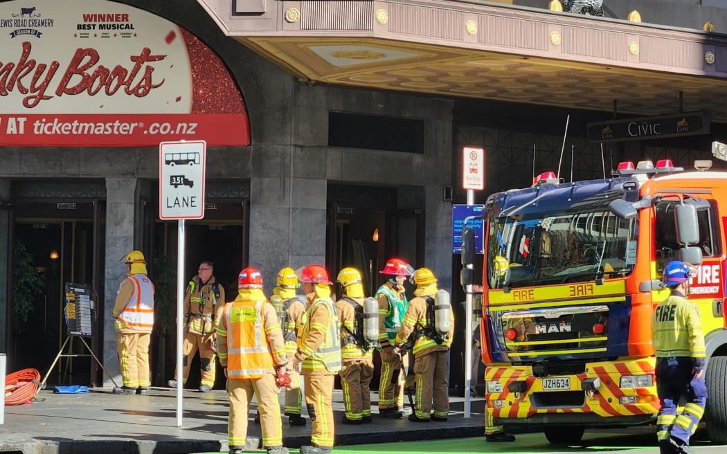 Firefighters outside the Civic Theatre in Auckland on 25 May, 2023.