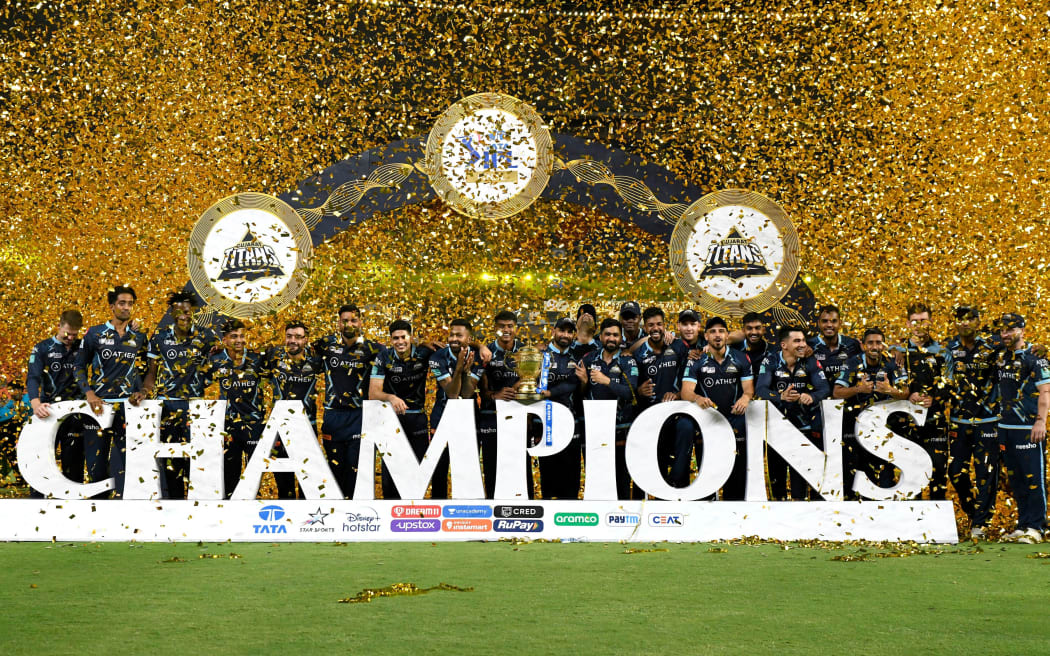 Gujarat Titans team celebrates winning the 2022 Indian Premier League