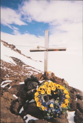 The wreath placed at the Erebus memorial cross for the 20th anniversary commemoration.