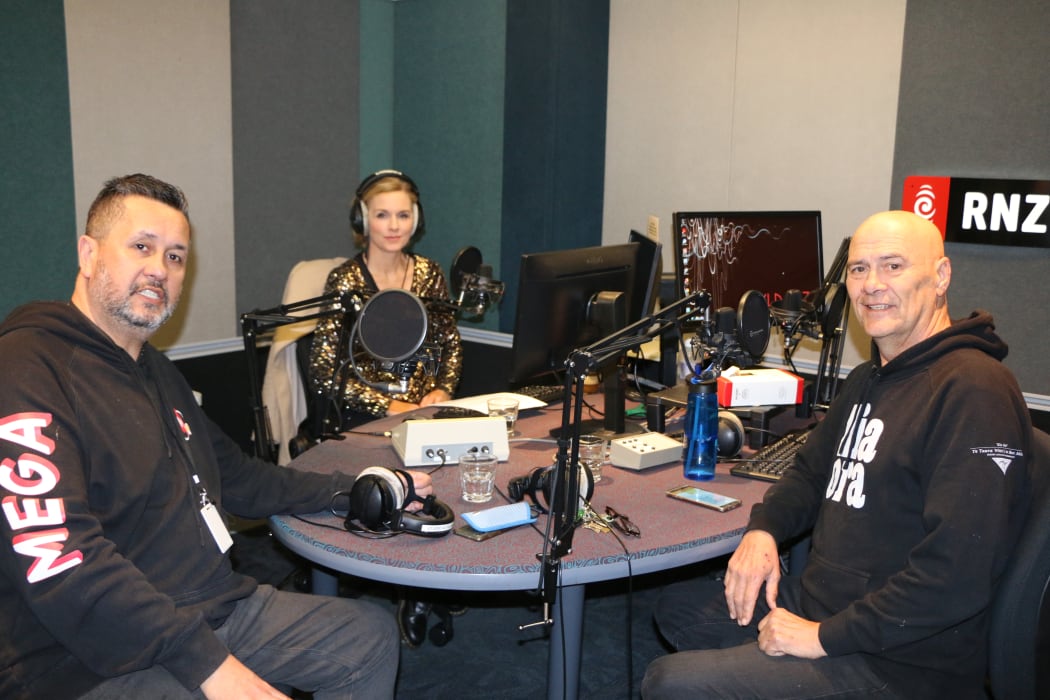 Shane Te Pou, Mihingaarangi Forbes and Tau Henare before recording the Party People podcast