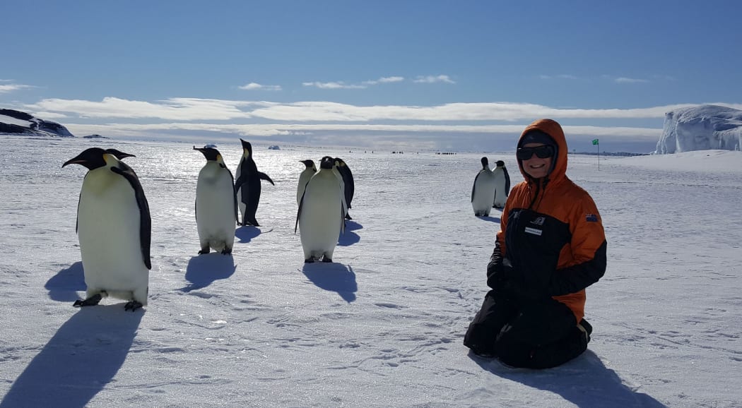 RNZ producer Alison Ballance meets some curious Emperor penguins at Cape Crozier, on Ross Island in Antarctica.
