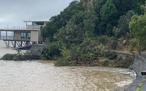 A slip at Blockhouse Bay Beach Reserve has sent trees sliding into the sea and half buried a picnic table.