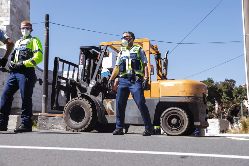 Police at Covid convoy protest - Parliament, Wellington on 24 February.