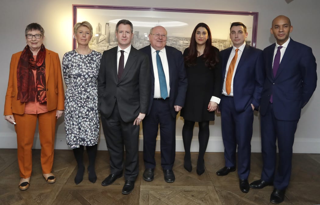 Seven MPs from left, Ann Coffey, Angela Smith, Chris Leslie, Mike Gapes, Luciana Berger, Gavin Shuker and Chuka Umunna.