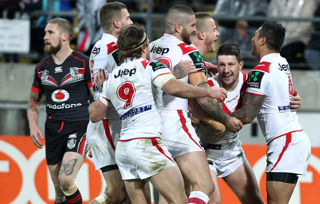 The Dragons celebrate a try at Wellington Stadium, 2015.