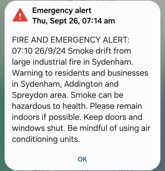 FENZ issued an alert to residents near the fire.