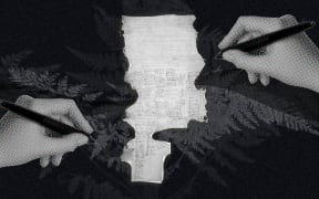 Composite image depicting of Treaty of Waitangi / Te Tiriti imagery , hands signing with pens