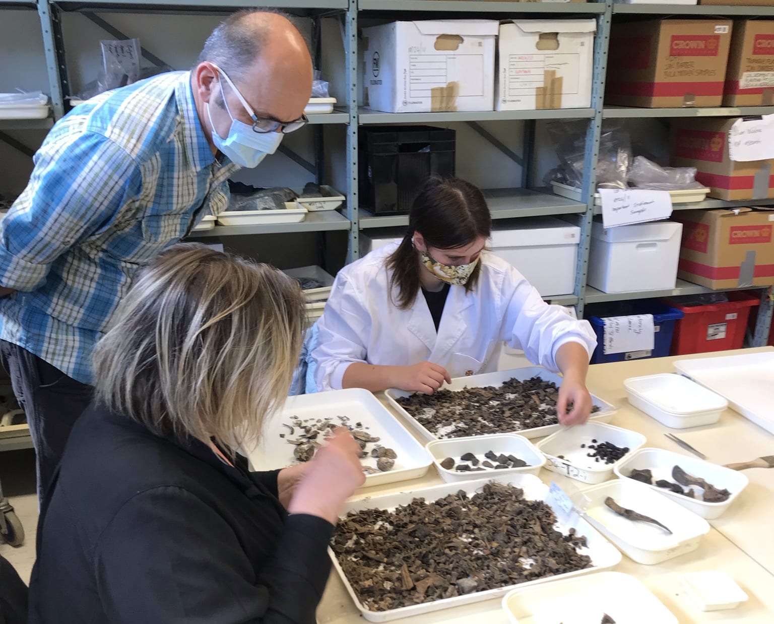 Dr. Gerard O Regan looks on as Tania Maguigan sorts through a tray of material, with the help of Marie Dunn from the University of Otago.
