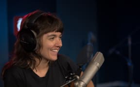 Courtney Barnett in the RNZ Auckland studio to play a song live on Jesse Mulligan 1-4, before her show at the Powerstation this evening.