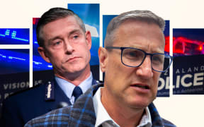 Composite of Jevon McSkimming and Andrew Coster, with police lights in background.