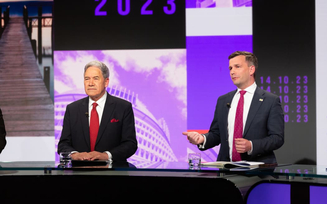 New Zealand First leader Winston Peters and ACT Party leader David Seymour during TVNZ's multi party debate on 5 October 2023.