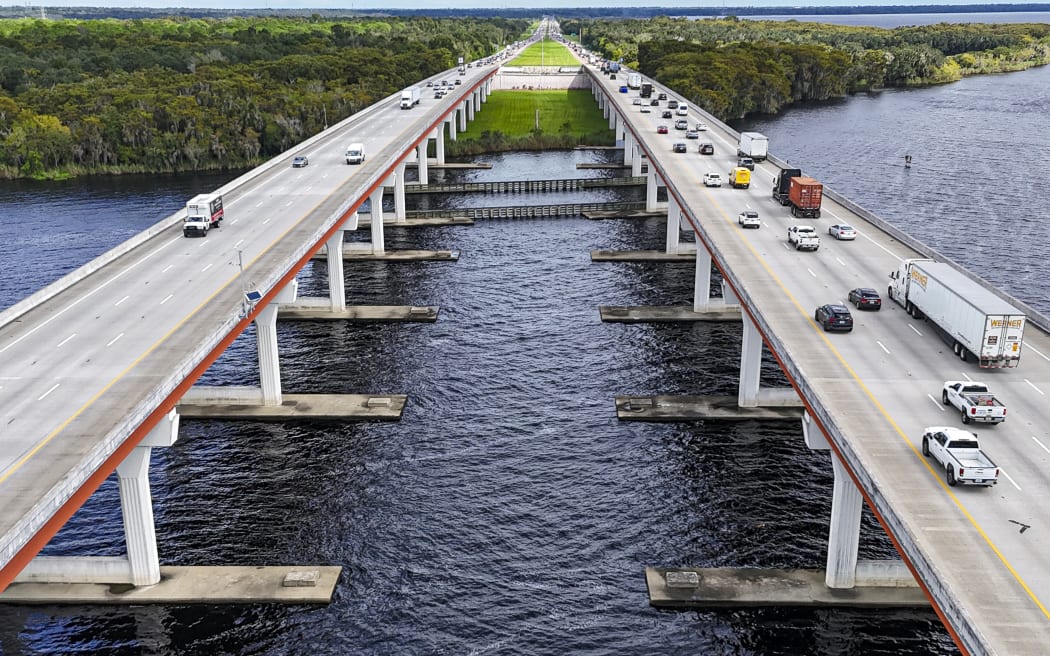 A drone image shows people evacuating ahead of Hurricane Milton's expected mid-week landfall in Sanford, Florida on October 8, 2024.