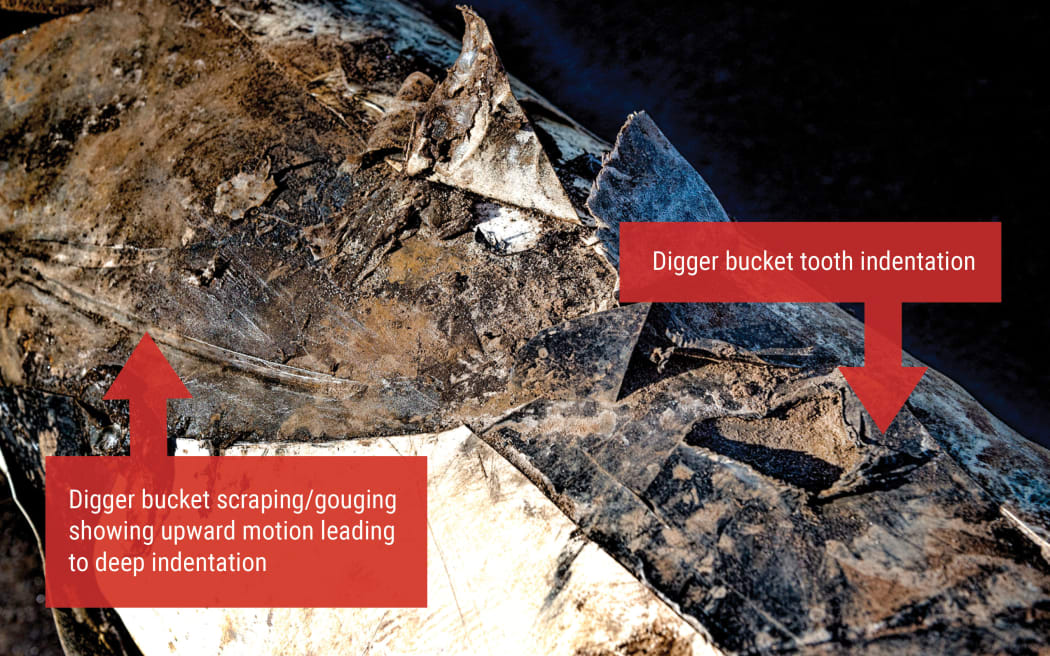 Refining New Zealand said these images show the damage to its pipeline was caused by a digger.