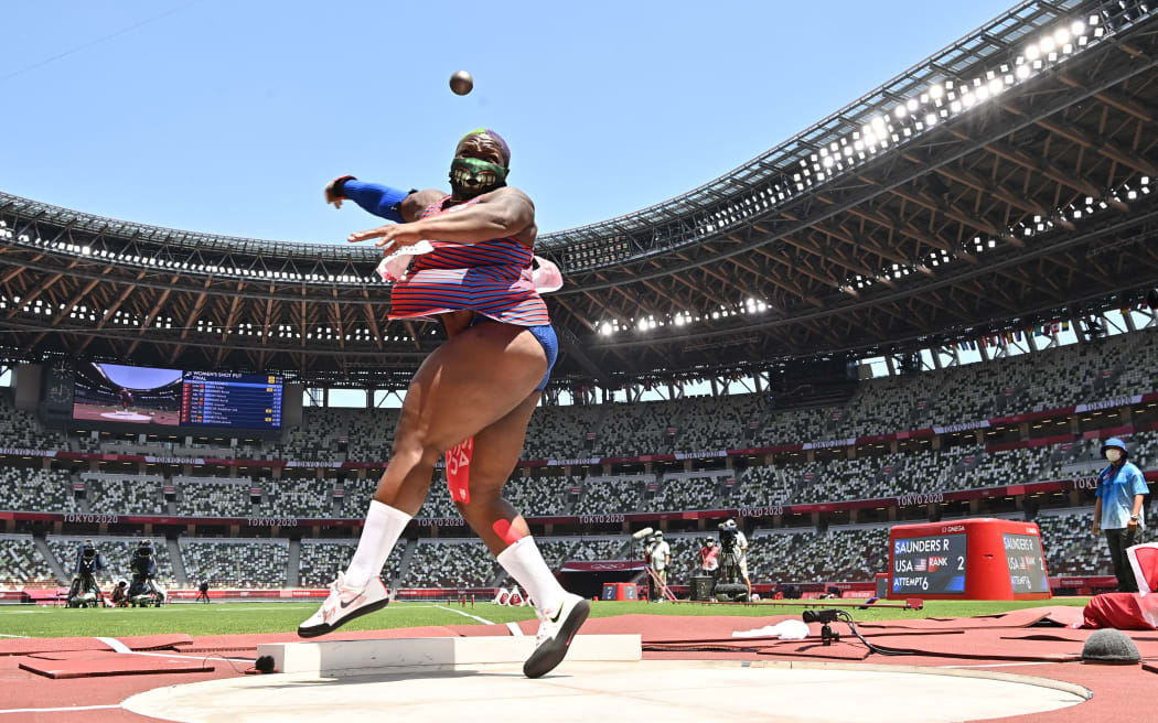 USA's Raven Saunders competes in the women's shot put final during the Tokyo 2020 Olympic Games at the Olympic Stadium in Tokyo on August 1, 2021.
