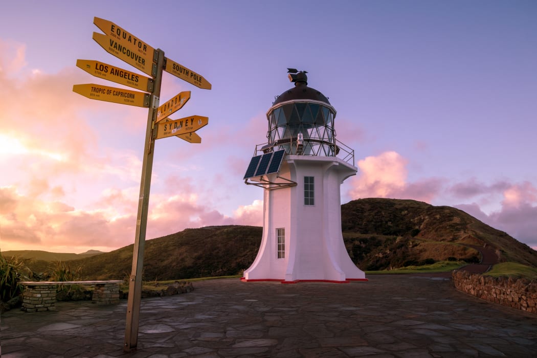 Cape Reinga, north edge of New Zealand, Tasman sea and Pacific oceans meet here. Beautiful seascape with lighthouse.