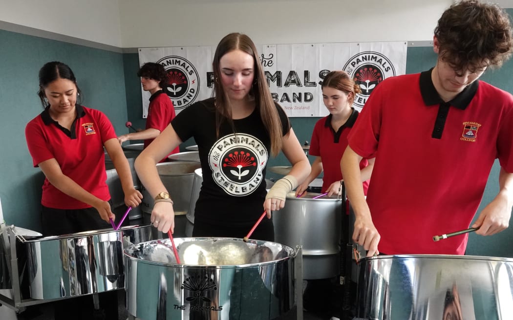The Panimals are, from left, Irie Garland (seconds), Kaiser Jacoby (bass), Gabriella Uphof (tenor pan), Adara Lunjevich (cello pans) and Harlyn Abraham (tenor pan). Absent in this photo: Levi Williams (drums) and Larissa Tanuvasa (seconds).