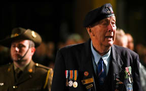 War veterans participate in the annual ANZAC (Australian and New Zealand Army Corps) Day dawn service on April 25, 2022 in Sydney.