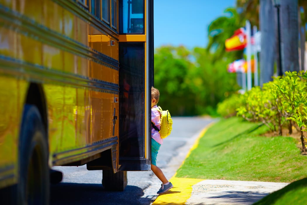 School kid, child, boy, getting on bus.