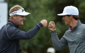 Winners Søren Kjeldsen and Thorbjørn Olesen celebrate at 2016 World Cup of Golf