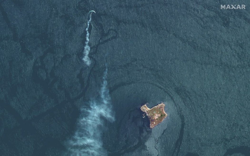 A possible missile streak attack on a landing craft near Ukraine-owned Snake Island in the Black Sea near the Danube Delta on May 12, 2022.