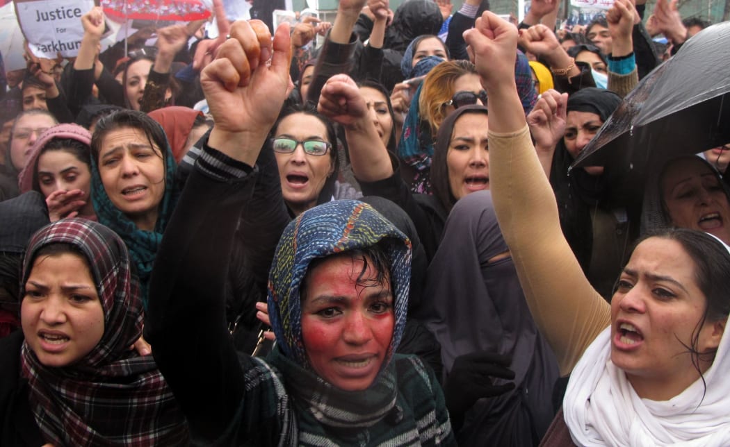 Afghan protesters during a rally in front of the Supreme Court in Kabul, Afghanistan.