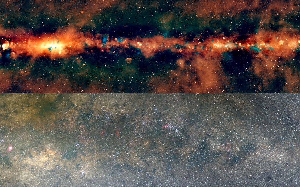 The GLEAM and GLEAM-X radio images (top) compared with a view of the Milky Way from the Southern Hemisphere. (Supplied: Axel Mellinger/Silvia Mantovanini & the GLEAM -X team)