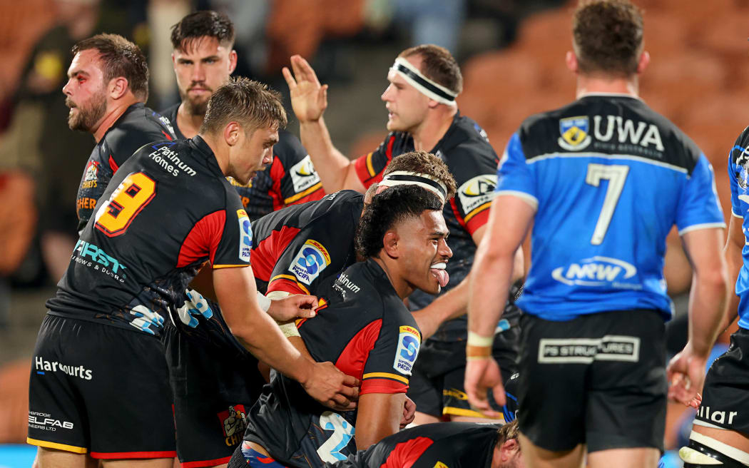 Chiefs lock Tupou Vaa'i celebrates his try.