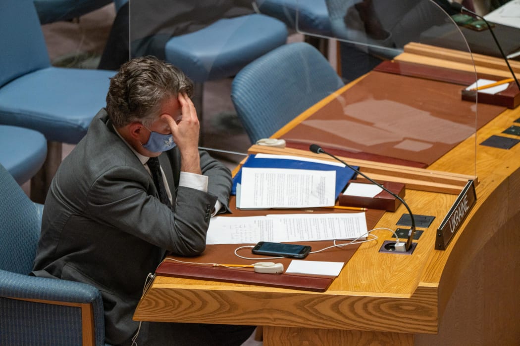 Permanent Representative of Ukraine to the United Nations Sergiy Kyslytsya during the United Nations security councils emergency meeting to discuss the threat of a full-scale invasion by Russia of Ukraine.