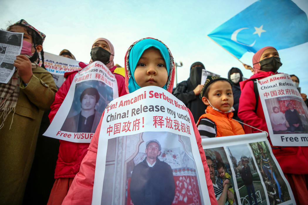 Uyghur Turks living in Istanbul who cannot contact their relatives in Xinjiang Uyghur Autonomous Region, protest against China outside the Chinese Consulate-General, Istanbul, Turkey, 11 February 2021.