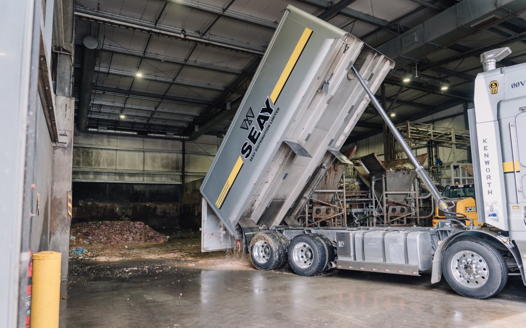 A truck delivering another load of food waste to Ecogas in Papakura