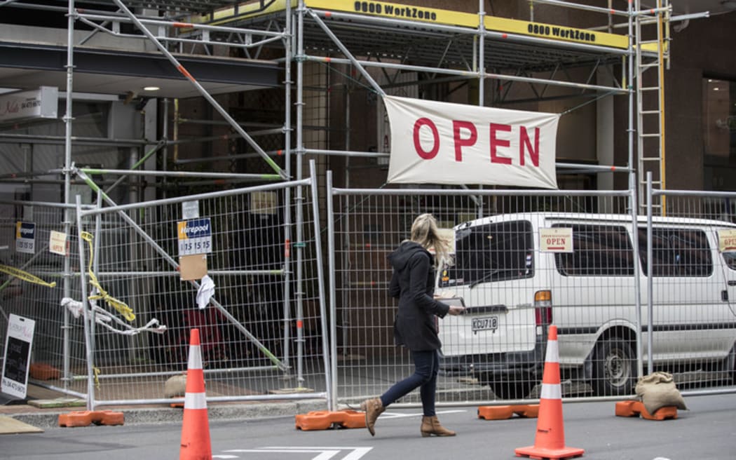 The cordon around quake-damaged buildings on Featherston Street in central Wellington.