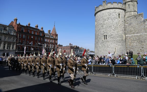 Members of the Household Cavalry take part in a rehearsal for the wedding procession outside Windsor Castle