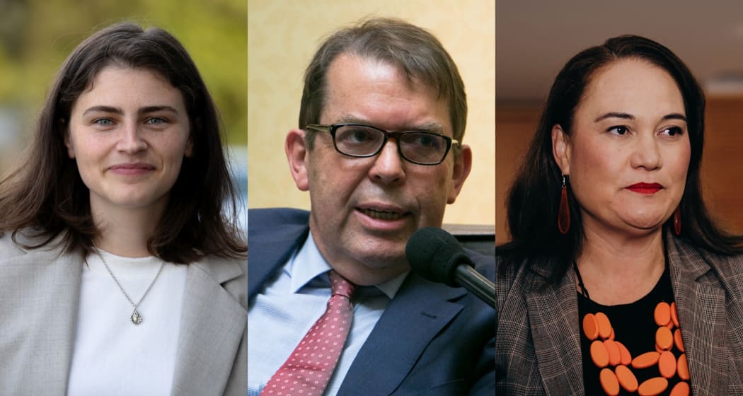 Chloe Swarbrick (Greens), Jonathan Young (National) and Carmel Sepuloni (Labour)
