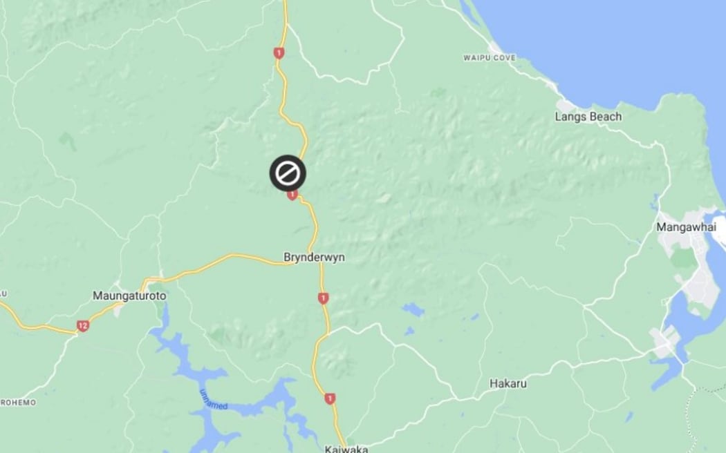 A screenshot from a NZ Transport Agency social media post shows the section of State Highway 1 which is closed between Kaiwaka and Waipū on 20 July 2024.