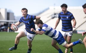 Ben Scott of HSOB in the tackle of Oliver Semmens of Auckland University RFC during the HSOB v Auckland University RFC Under 85kg Club Cup Semi Final, Apollo Projects Stadium, Christchurch.