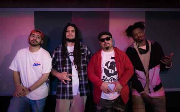 IllBaz, Melodownz, Che Fu and Raiza Biza (from left to right) in the RNZ Auckland studio