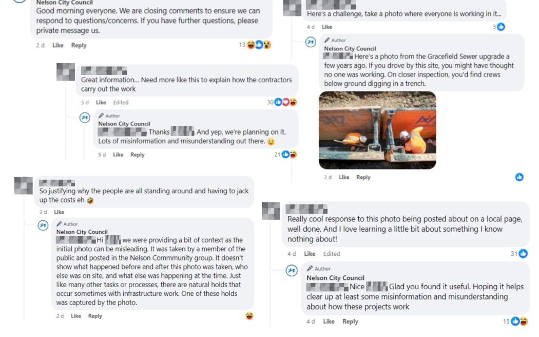 Some of the Facebook comments Nelson City Council received after posting a photo to combat misinformation about its road workers.