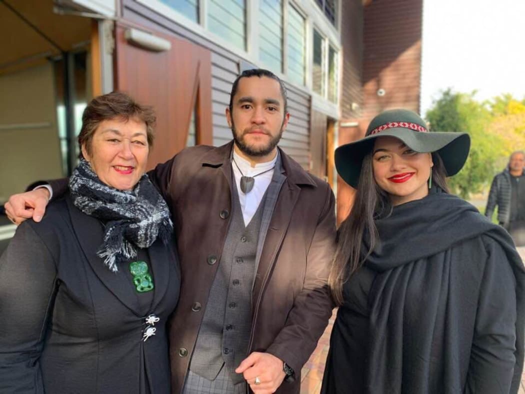 Mere Kerett, Eru Ruanui Tia Kapa-Kingi and Leah Te Whata at a Te Panekiretanga hui in July.