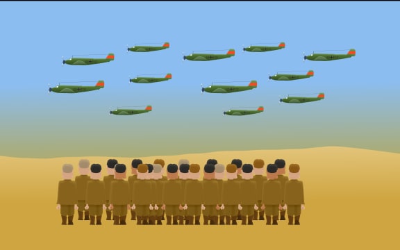 NZ soldiers on Crete watch the approach of German bombers. Animation by Chris Maguren.