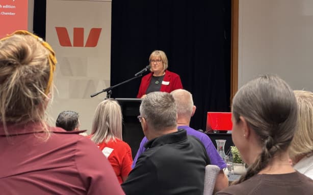 Rotorua Business Chamber chief executive Melanie Short addresses the Westpac Smarts Business Luncheon on Friday as new Business Pulse survey results are released.