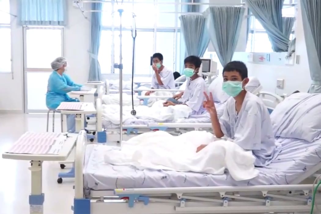 Some of the boys rescued from a Thai cave seen in hospital in Chiang Rai.